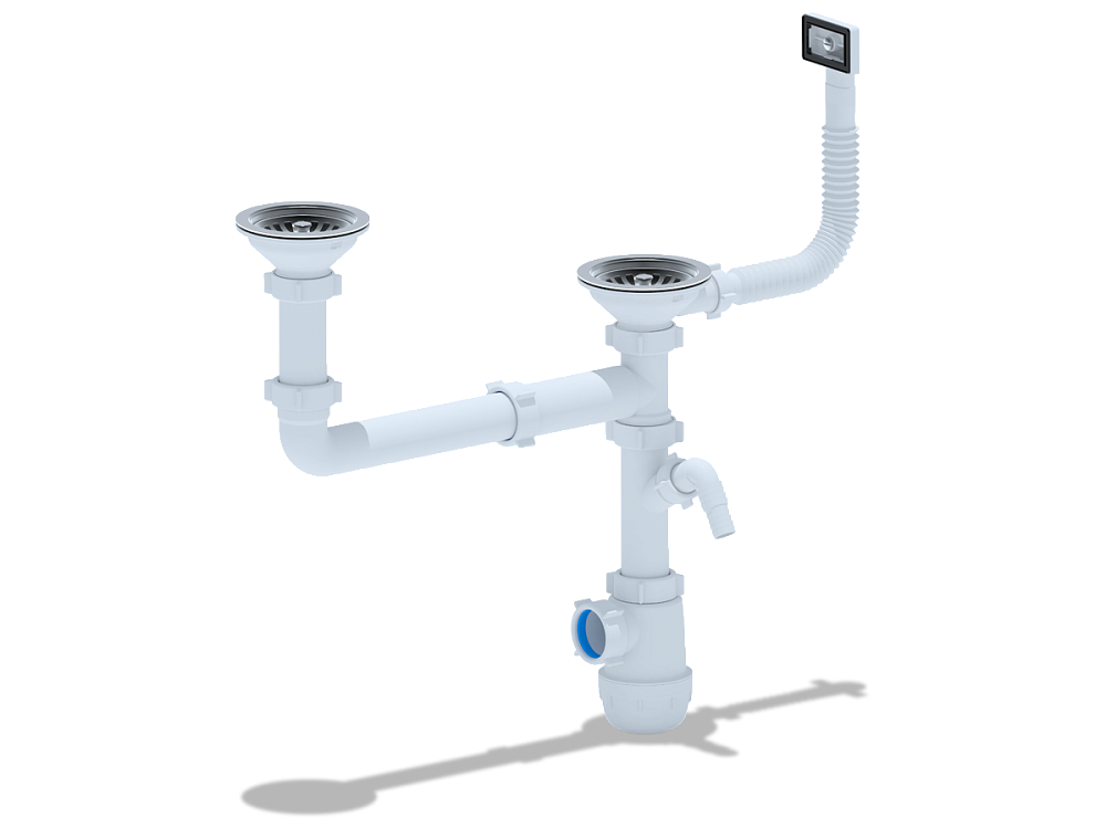 Сифон для мойки АНИ Пласт Грот A7700S 3 1/2 дюйма 40 мм двойной разноуровневый с гибким переливом и отводом для стиральной машины