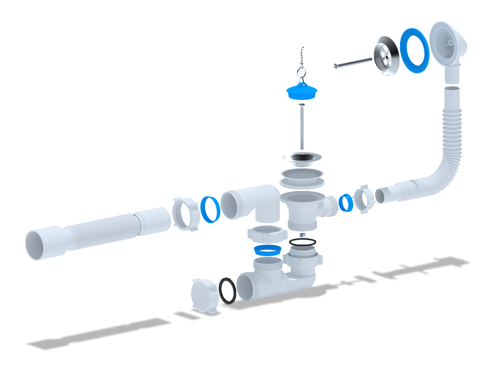 Сифон для ванны АНИ Пласт E255 1 1/2 дюйма регулируемый с переливом и гибкой трубой 40х50 мм