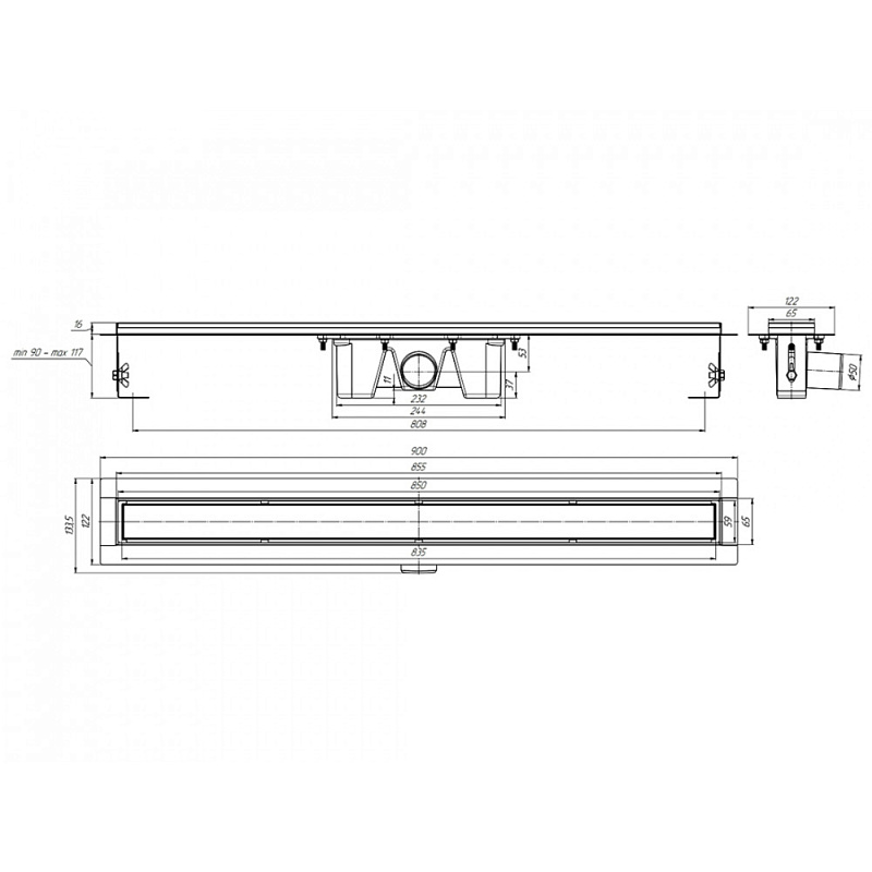 Трап линейный из нержавеющей стали АНИ Пласт TLZ2085 DN50 с комбинированным затвором матовой решёткой под плитку МОЛ 850х65 мм