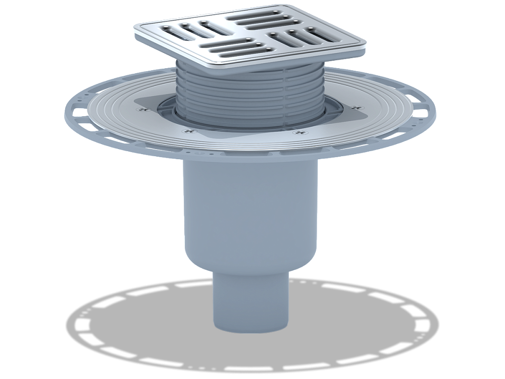 Трап для душа АНИ Пласт THQ5714M DN50 вертикальный регулируемый с сухим затвором, решёткой и обрешёткой из нержавеющей стали 120х120 мм