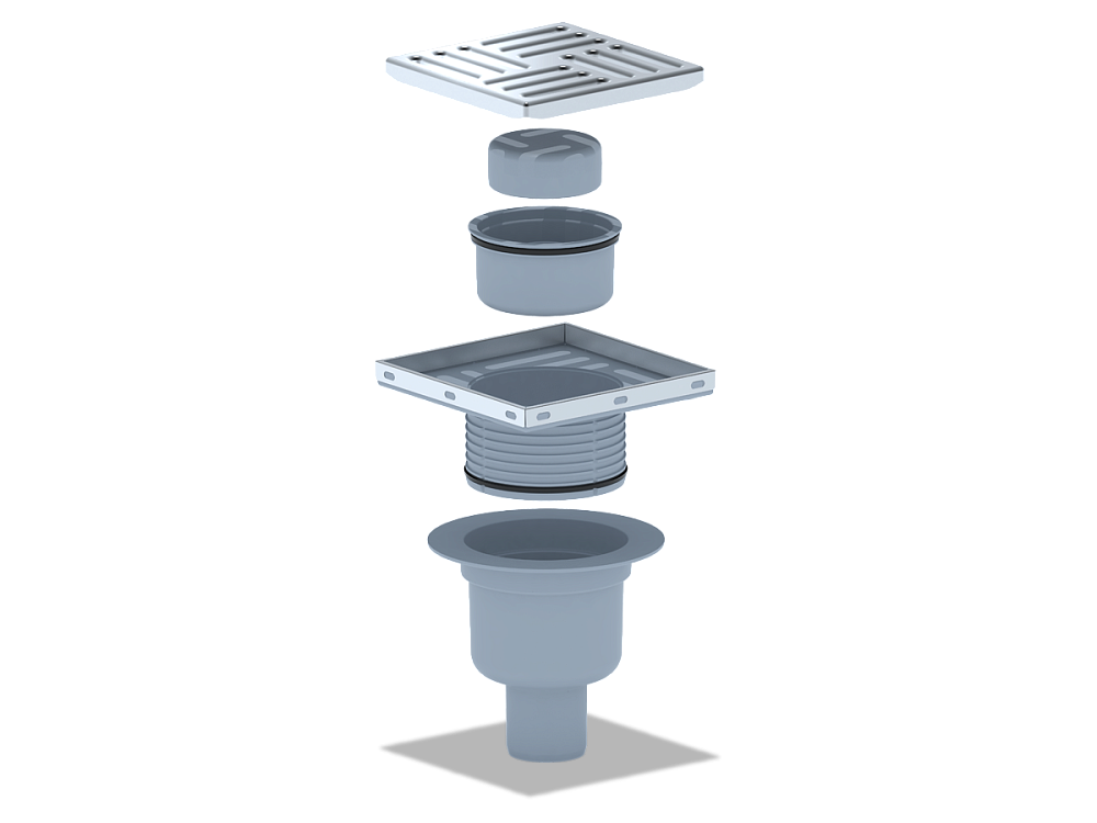 Трап для душа АНИ Пласт TQ5712 DN50 вертикальный регулируемый с сухим затвором и решёткой из нержавеющей стали 150х150 мм