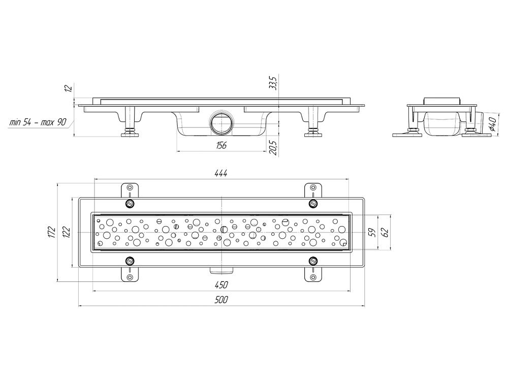 Трап линейный пластиковый АНИ Пласт TL1345G выпуск 40 мм решётка Бриз глянцевая нержавеющая сталь 450 мм