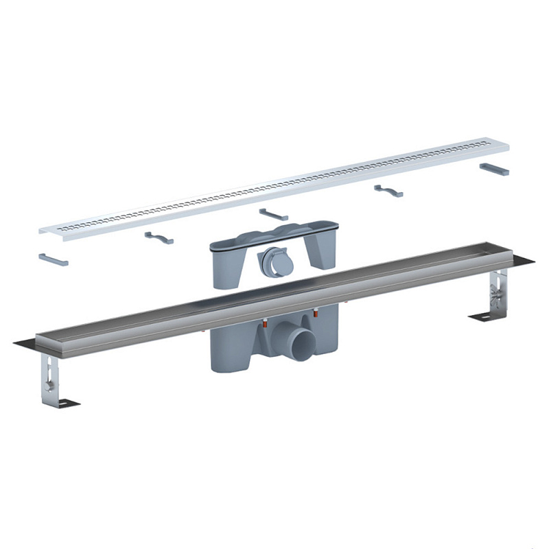 Трап линейный из нержавеющей стали АНИ Пласт TLZ2285G DN50 с комбинированным затвором глянцевой решёткой Риф 850х65 мм