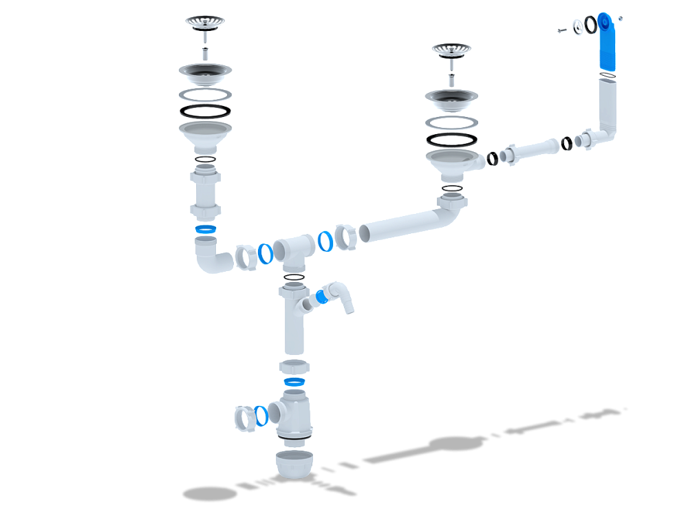 Сифон для мойки АНИ Пласт Грот A3700 3 1/2 дюйма 40 мм двойной разноуровневый с жестким переливом и отводом для стиральной машины