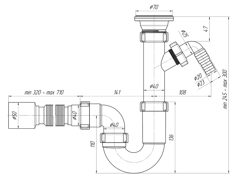 Сифон для мойки АНИ Пласт D1010 1 1/2 дюйма 40 мм прямоточный с отводом для стиральной машины и гибкой трубой 40х50 мм