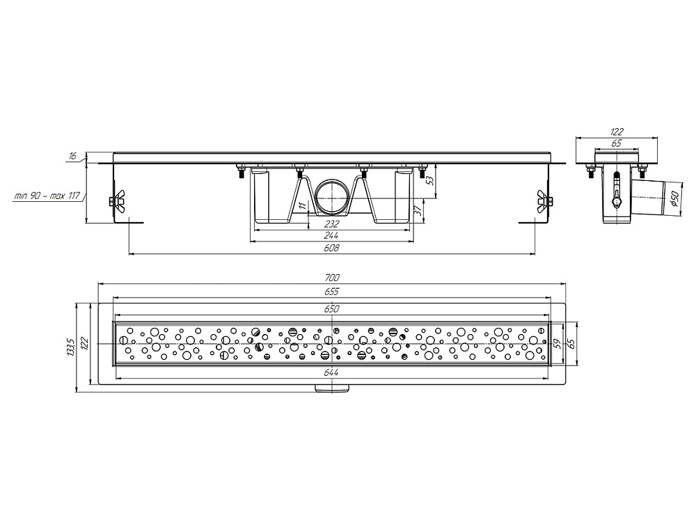 Трап линейный из нержавеющей стали АНИ Пласт TL2365M выпуск 50 мм решётка Бриз матовая 650 мм