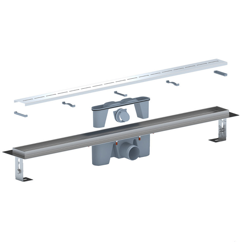 Трап линейный из нержавеющей стали АНИ Пласт TLZ2585G DN50 с комбинированным затвором и глянцевой решёткой Киль 850х65 мм