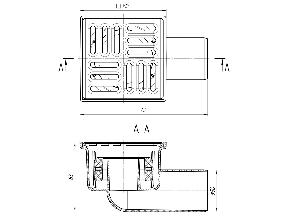 Трап для душа АНИ Пласт TQ5102 DN50 горизонтальный нерегулируемый с сухим затвором и решёткой из нержавеющей стали 100х100 мм