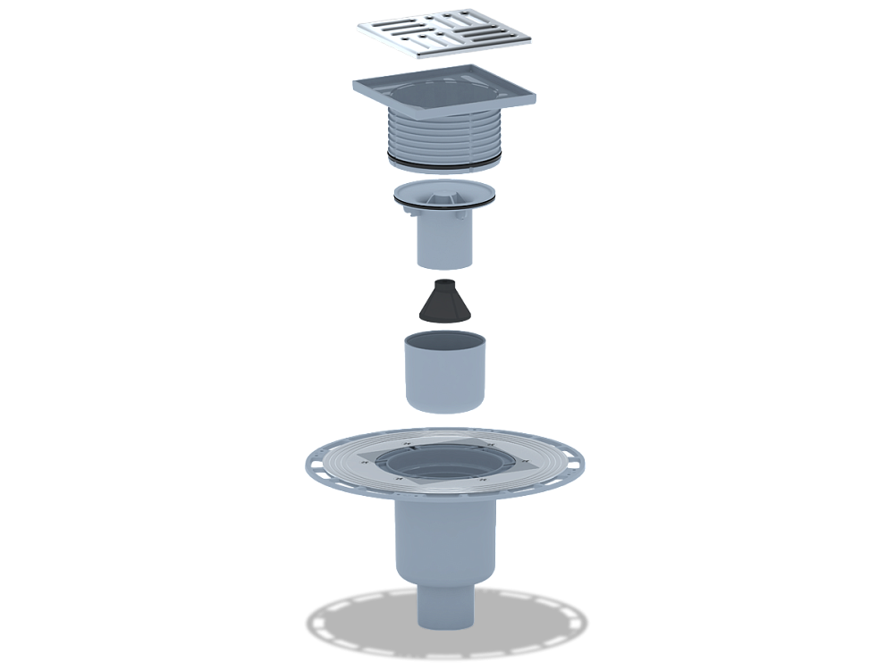 Трап для душа АНИ Пласт THZ5714 DN50 высокий вертикальный регулируемый с комбинированным затвором и решёткой из нержавеющей стали 120х120 мм