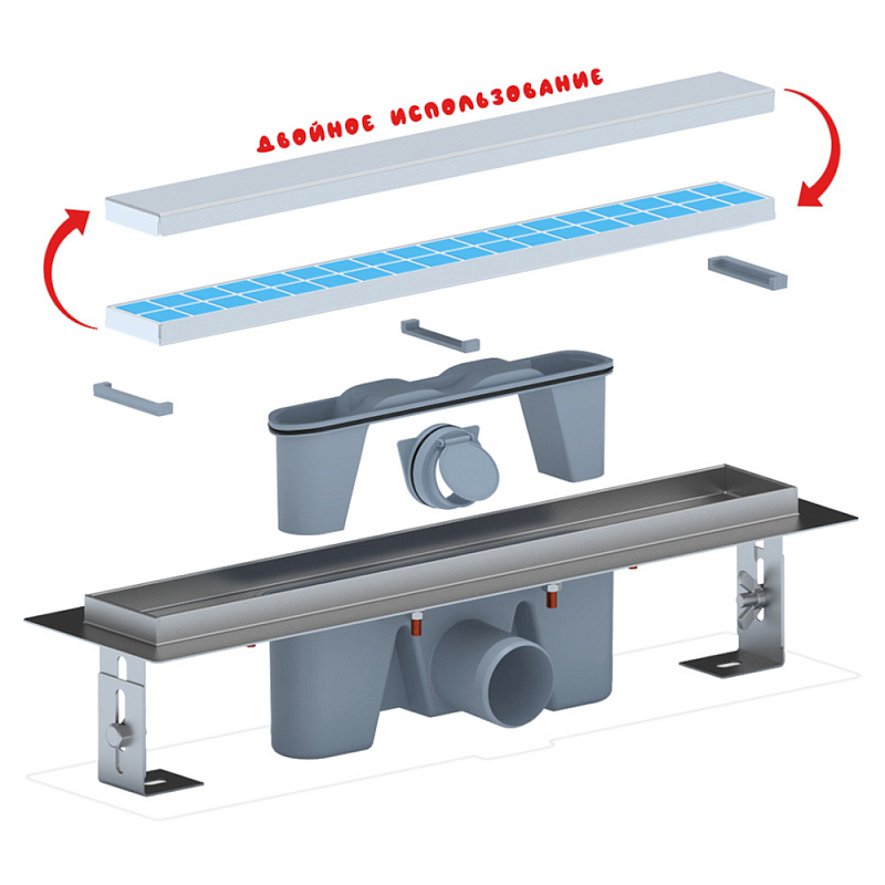 Трап линейный из нержавеющей стали АНИ Пласт TLZ2045 DN50 с комбинированным затвором матовой решёткой под плитку МОЛ 450х65 мм