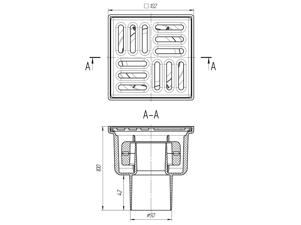 Трап для душа АНИ Пласт TQ5202 DN50 вертикальный нерегулируемый с сухим затвором и решёткой из нержавеющей стали 100х100 мм