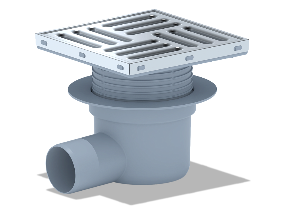 Трап горизонтальный регулируемый АНИ Пласт TA5612 выпуск 50 мм с решеткой из нержавеющей стали 150х150 мм