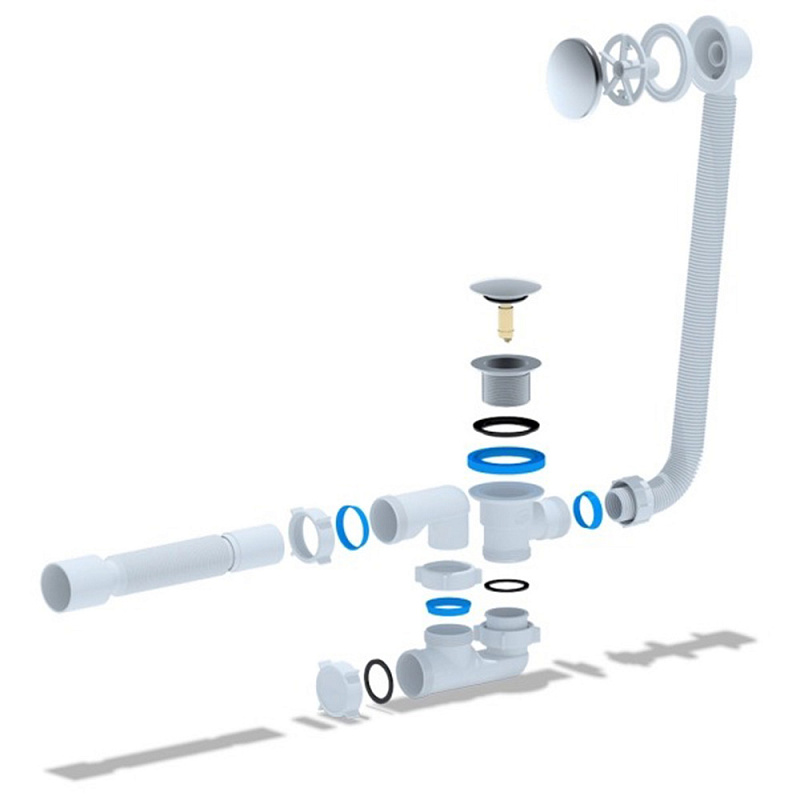 Сифон для ванны АНИ Пласт EC250G 1 1/2 дюйма 40 мм с выпуском клик-клак, переливом грибок и гибкой трубой 40/50 мм