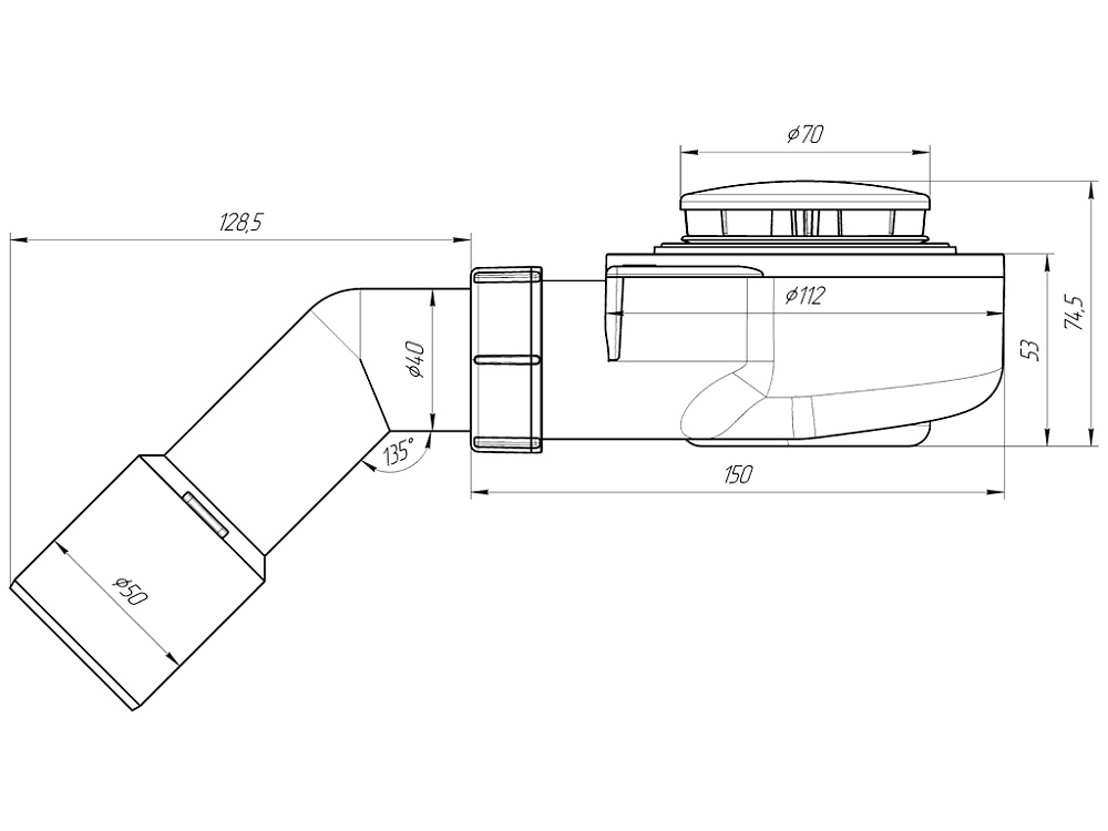 Сифон для душевого поддона АНИ Пласт E451C 1 1/2 дюйма 50 мм высота 53 мм с переходной трубой 45 градусов 40х50 мм хром