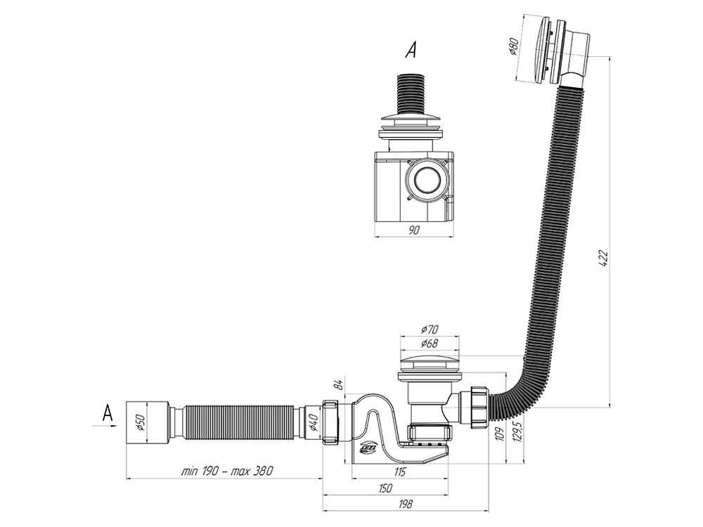 Сифон для ванны АНИ Пласт Бриг EC655GS 1 1/2 дюйма 40 мм клик-клак гриб с сеткой с переливом и гибкой трубой 40х50 мм