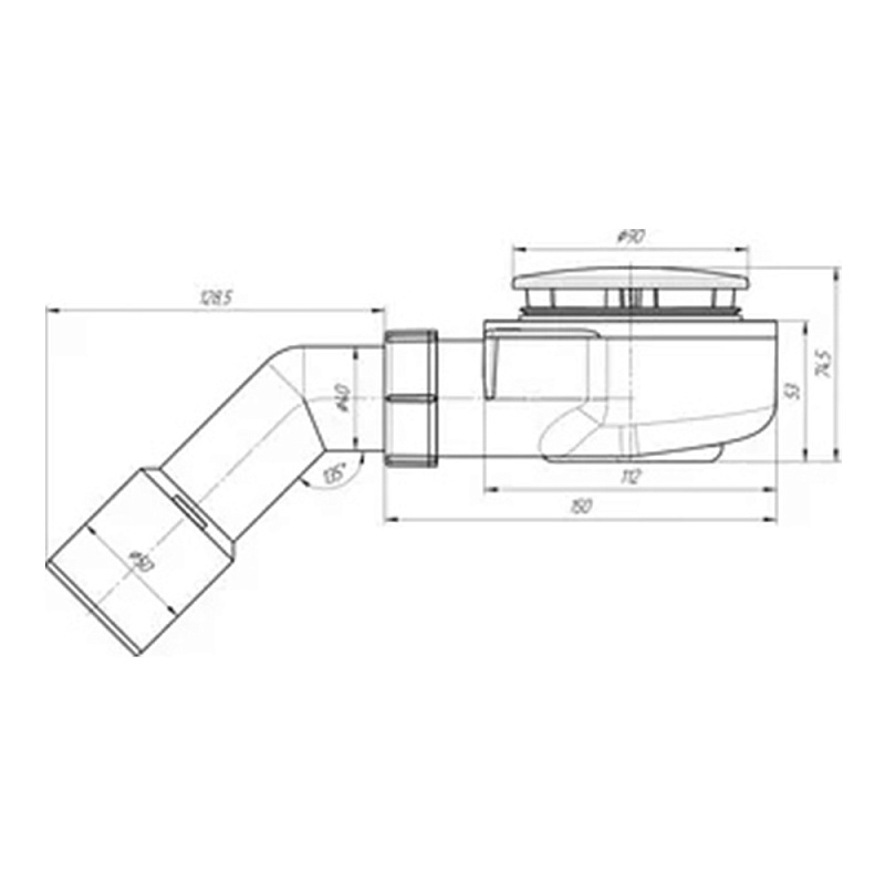 Сифон для душевого поддона АНИ Пласт E551C 1 1/2 дюйма 60 мм с переходной трубой 45° 40/50 мм хром