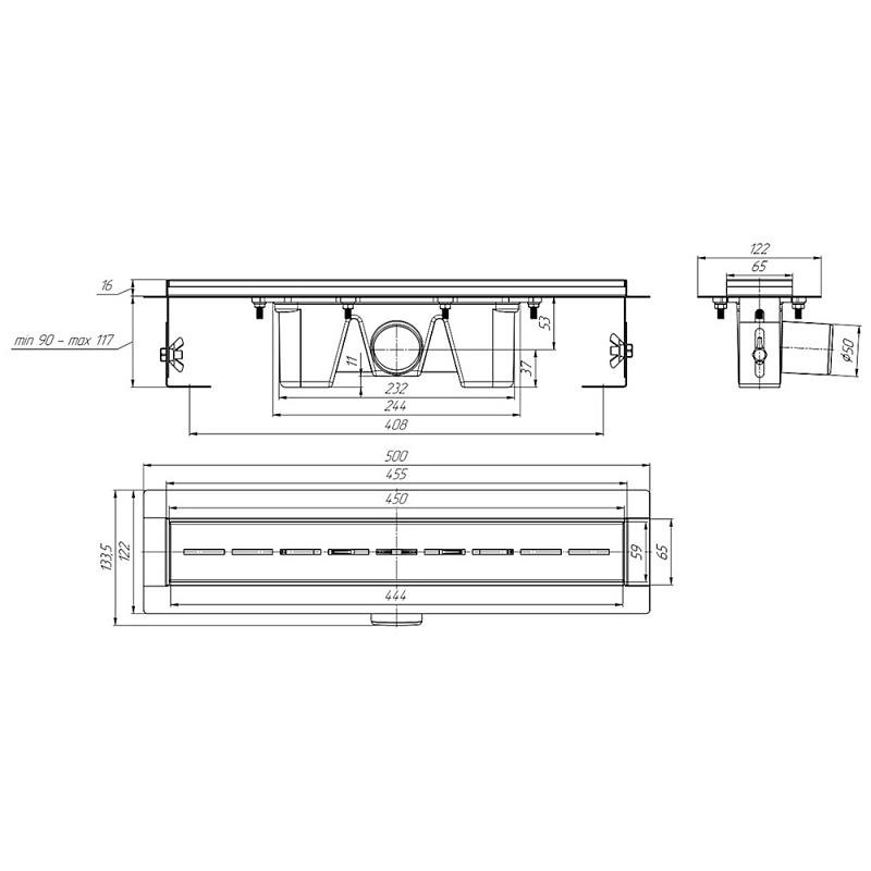 Трап линейный из нержавеющей стали АНИ Пласт TLZ2545M DN50 с комбинированным затвором и матовой решёткой Киль 450х65 мм