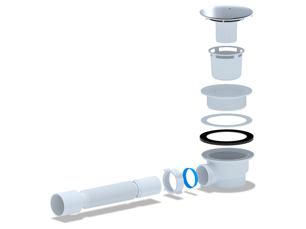 Сифон для душевого поддона АНИ Пласт E325C 1 1/2 дюйма 90 мм высота 65 мм хром с гибкой трубой 40х50 мм
