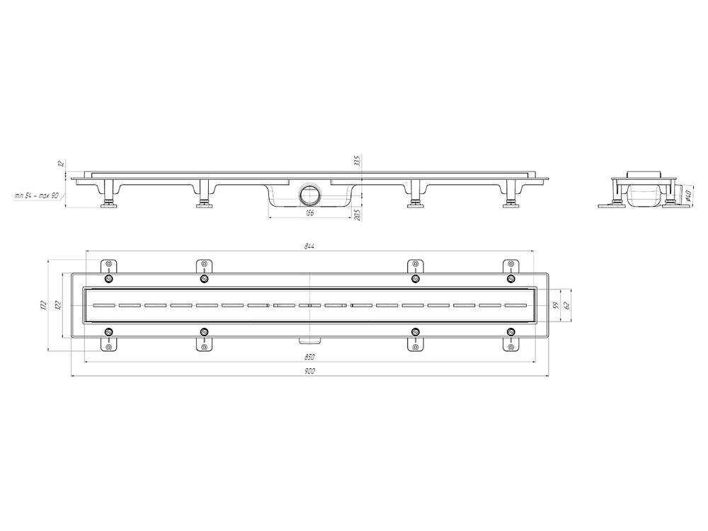 Трап линейный пластиковый АНИ Пласт TL1585G выпуск 40 мм решётка Киль глянцевая нержавеющая сталь 850 мм