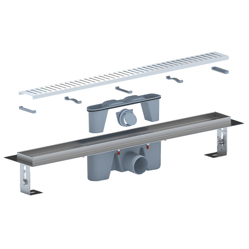 Трап линейный из нержавеющей стали АНИ Пласт TLZ2465G DN50 с комбинированным затвором глянцевой решёткой Бимс 650х65 мм