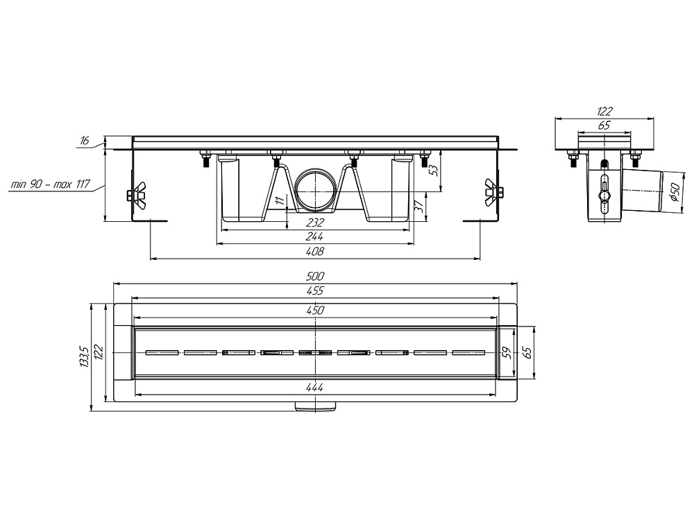 Трап линейный из нержавеющей стали АНИ Пласт TL2545G выпуск 50 мм решётка Киль глянцевая 450 мм