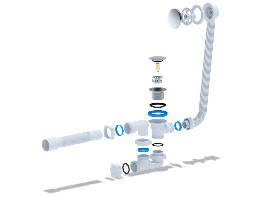 Сифон для ванны АНИ Пласт EC255GS 1 1/2 дюйма 40 мм клик-клак гиб с сеткой с переливом и гибкой трубой 40х50 мм