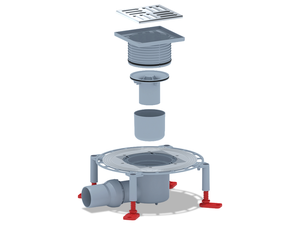 Трап горизонтальный регулируемый АНИ Пласт THA5614 выпуск 50 мм с решеткой из нержавеющей стали 120х120 мм