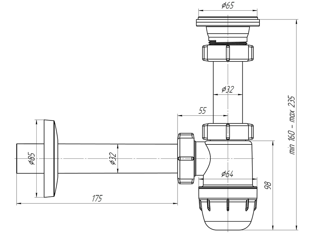 Сифон для раковины АНИ Пласт Юнг BM1003 с прямой трубой 1 1/4 дюйма 32 мм