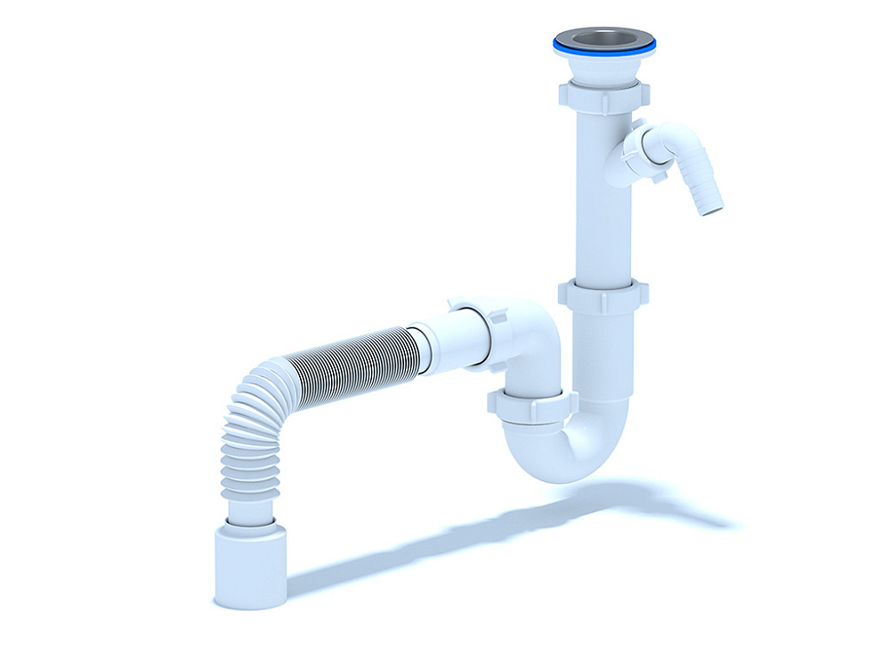 Сифон для мойки АНИ Пласт D1010 1 1/2 дюйма 40 мм прямоточный с отводом для стиральной машины и гибкой трубой 40х50 мм