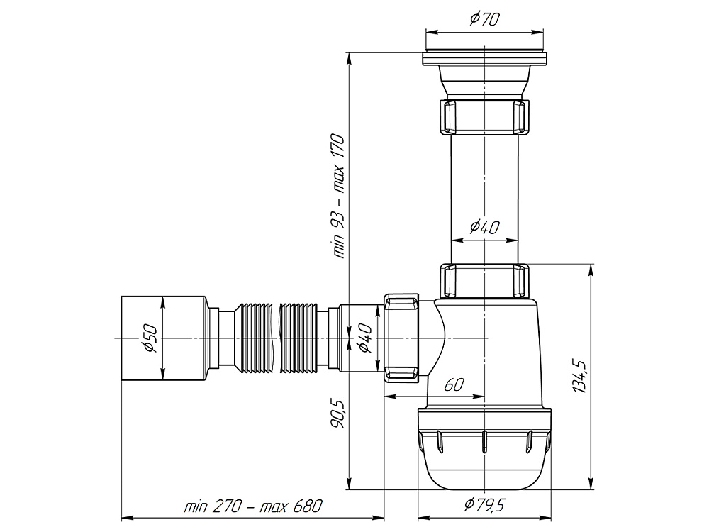 Сифон для мойки АНИ Пласт Грот A0110 1 1/2 дюйма 40 мм с гибкой трубой 40х50 мм