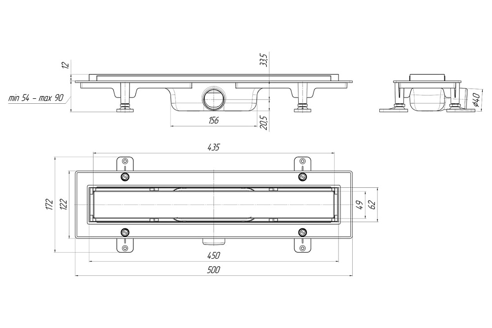 Трап линейный пластиковый АНИ Пласт TLQ1045 DN40 с сухим затвором и матовой решёткой под плитку МОЛ 450х62 мм