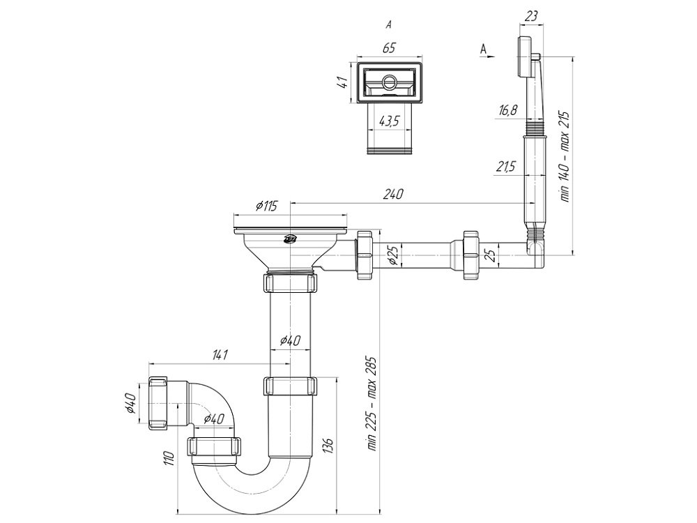 Сифон для мойки АНИ Пласт D0145 3 1/2 дюйма 40 мм прямоточный с жестким переливом