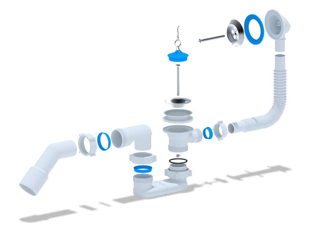Сифон для ванны АНИ Пласт E051 1 1/2 дюйма плоский с переливом и переходной трубой 45 градусов 40х50 мм