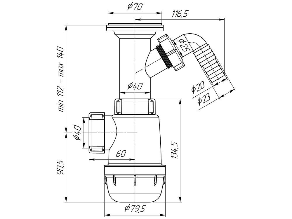 Сифон для мойки АНИ Пласт Грот A2000 1 1/2 дюйма 40 мм с отводом для стиральной машины