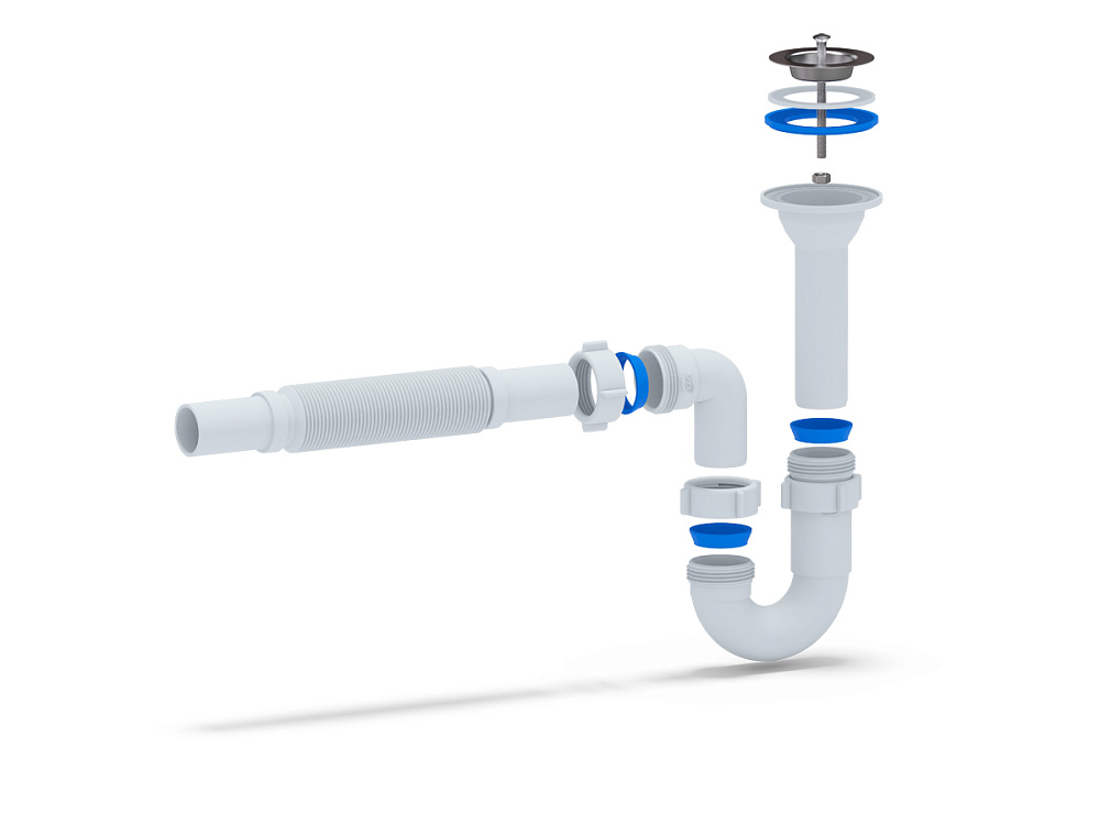 Сифон для раковины АНИ Пласт DB2005 1 1/4 дюйма 32 мм прямоточный слитым выпуском и гибкой трубой 32х32 мм