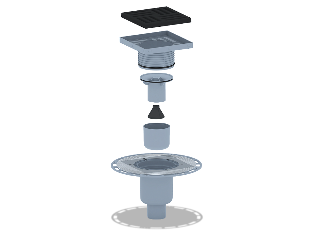 Трап для душа АНИ Пласт THZ5716 DN50 высокий вертикальный регулируемый с комбинированным затвором и решёткой из чугуна 150х150 мм