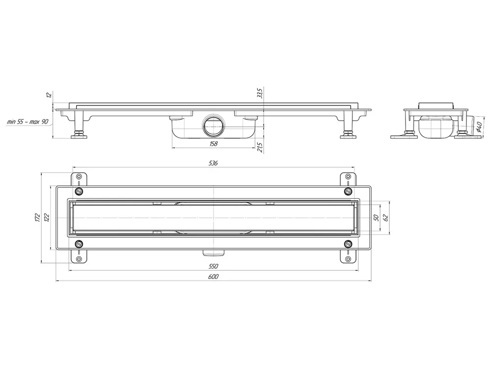 Трап линейный пластиковый АНИ Пласт TL1055 выпуск 40 мм решётка МОЛ под плитку 550 мм