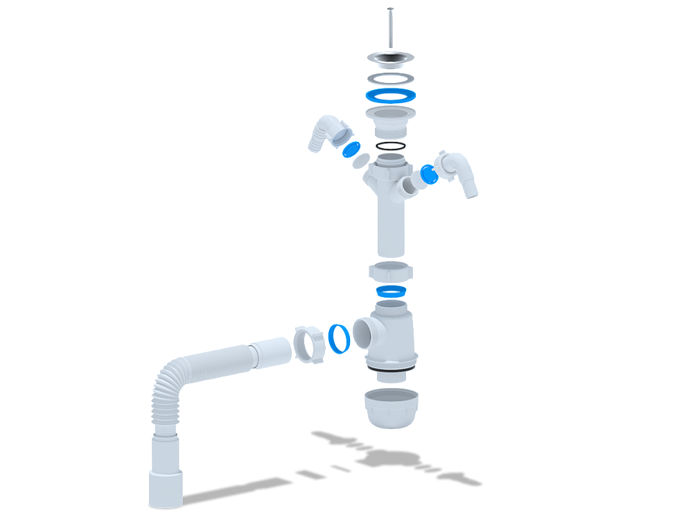 Сифон для мойки АНИ Пласт Грот A1115 1 1/2 дюйма 40 мм с двумя отводами для стиральной машины с гибкой трубой 40х40/50 мм