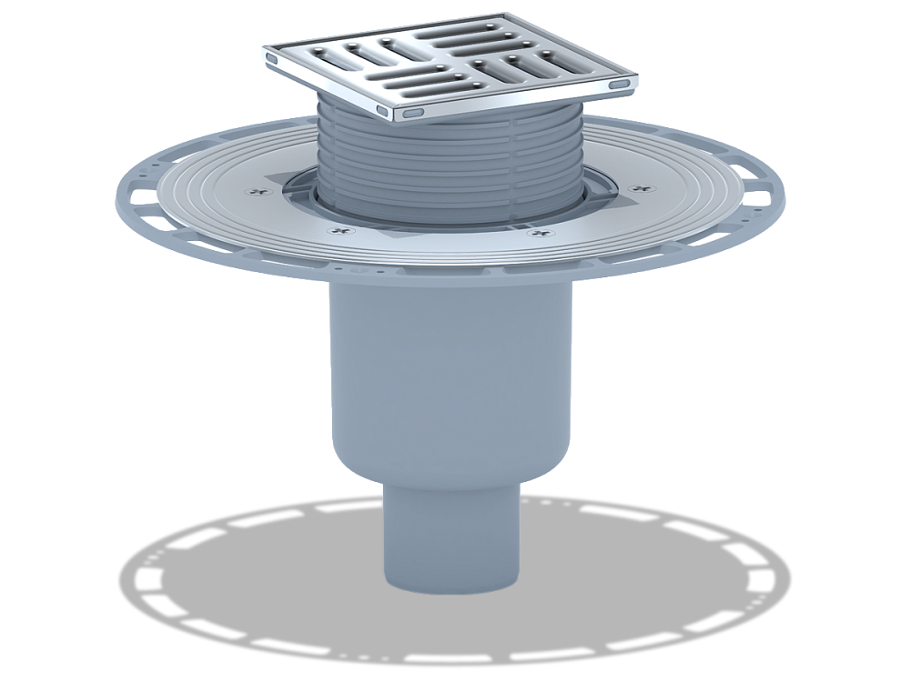 Трап для душа АНИ Пласт THZ5702 DN50 высокий вертикальный регулируемый с комбинированным затвором и решёткой из нержавеющей стали 100х100 мм