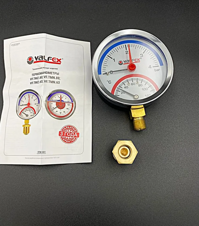 Термоманометр радиальный (нижнее подключение),80 мм, 4 бар, VALFEX, арт.VF.TMN.80.012.04