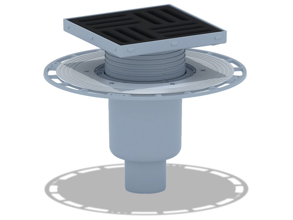 Трап вертикальный регулируемый АНИ Пласт THA5716 выпуск 50 мм с решеткой из чугуна 150х150 мм