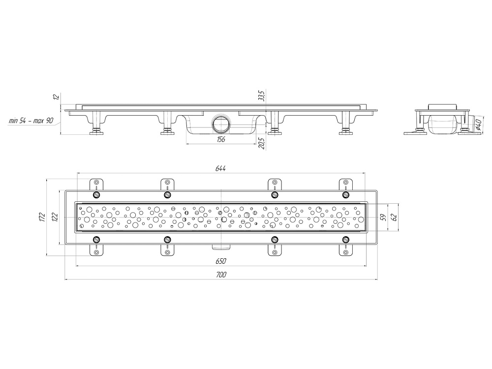 Трап линейный пластиковый АНИ Пласт TL1365G выпуск 40 мм решётка Бриз глянцевая нержавеющая сталь 650 мм