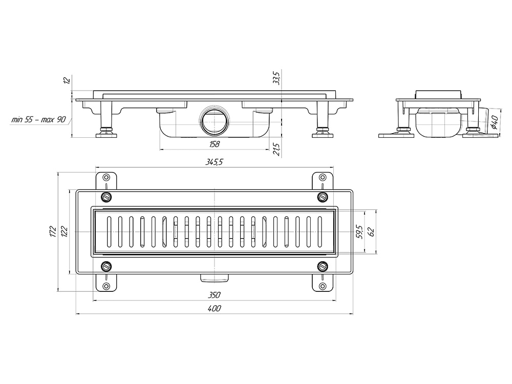 Трап линейный пластиковый АНИ Пласт TL1435G выпуск 40 мм решётка Бимс глянцевая нержавеющая сталь 350 мм