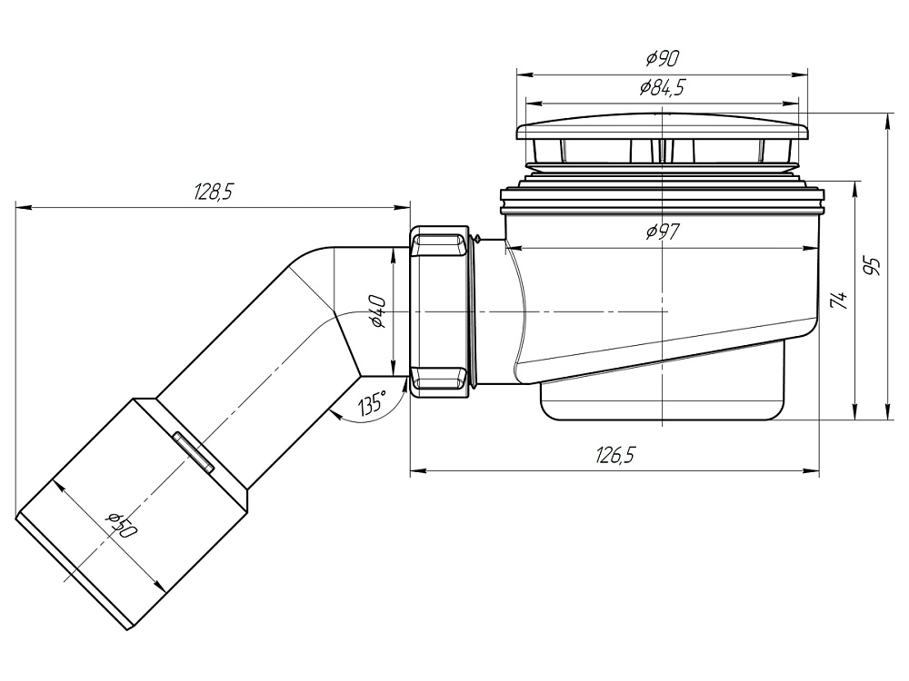 Сифон для душевого поддона АНИ Пласт E511C 1 1/2 дюйма 60 мм с переходной трубой 45 градусов 40х50 мм