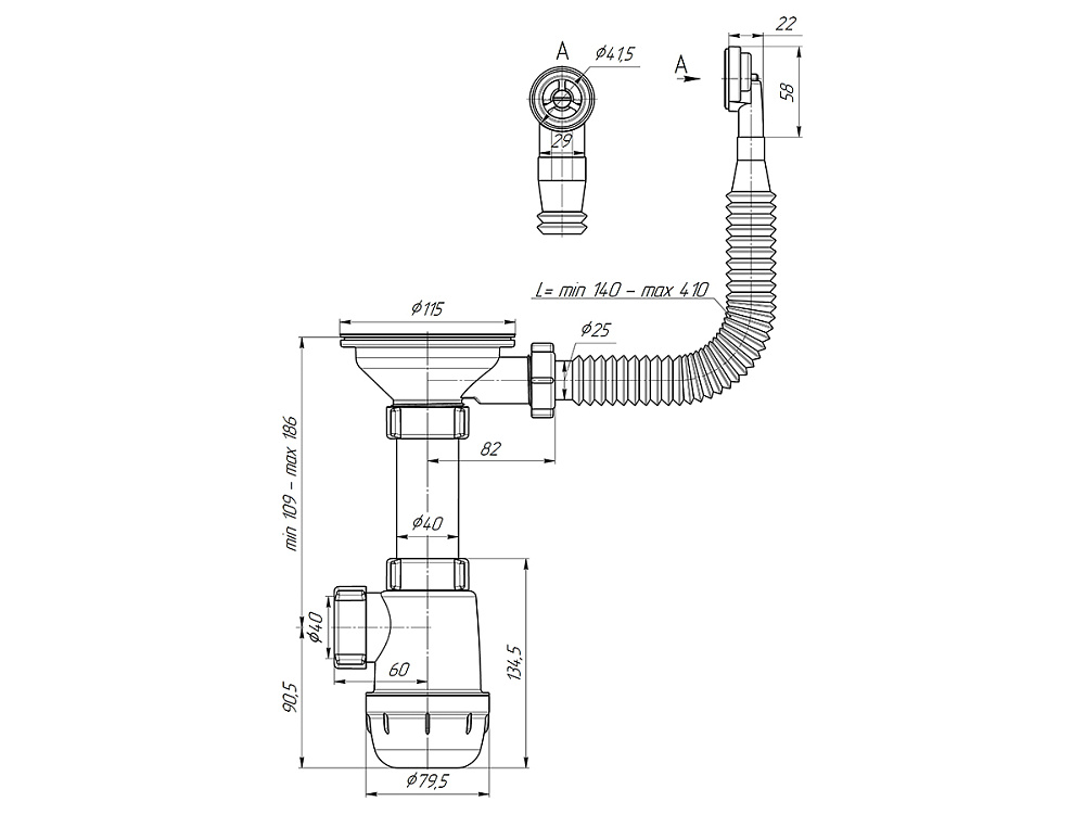 Сифон для мойки АНИ Пласт Грот A0142S 3 1/2 дюйма 40 мм с гибким переливом