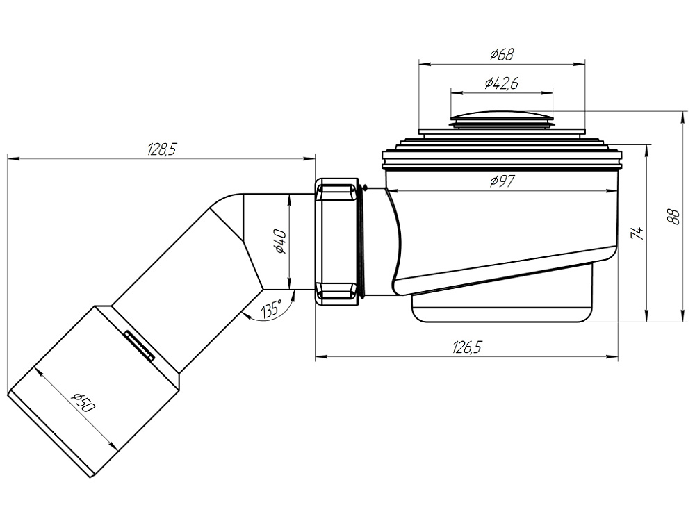Сифон для душевого поддона АНИ Пласт E411CLS 1 1/2 дюйма 50 мм клик-клак с сеткой с переходной трубой 45 градусов 40х50 мм