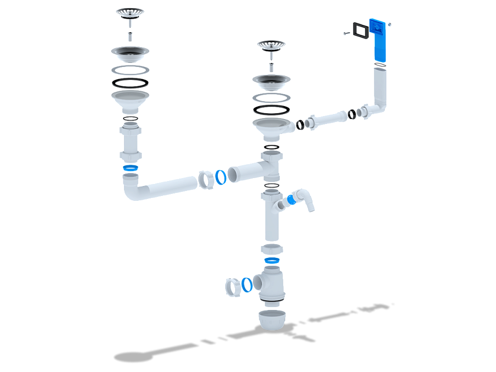 Сифон для мойки АНИ Пласт Грот A7700 3 1/2 дюйма 40 мм двойной разноуровневый с жестким переливом и отводом для стиральной машины