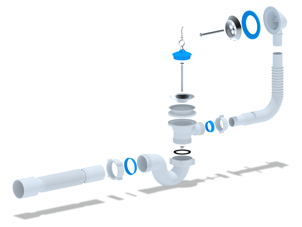 Сифон для ванны АНИ Пласт E155 1 1/2 дюйма с переливом и гибкой трубой 40х50 мм