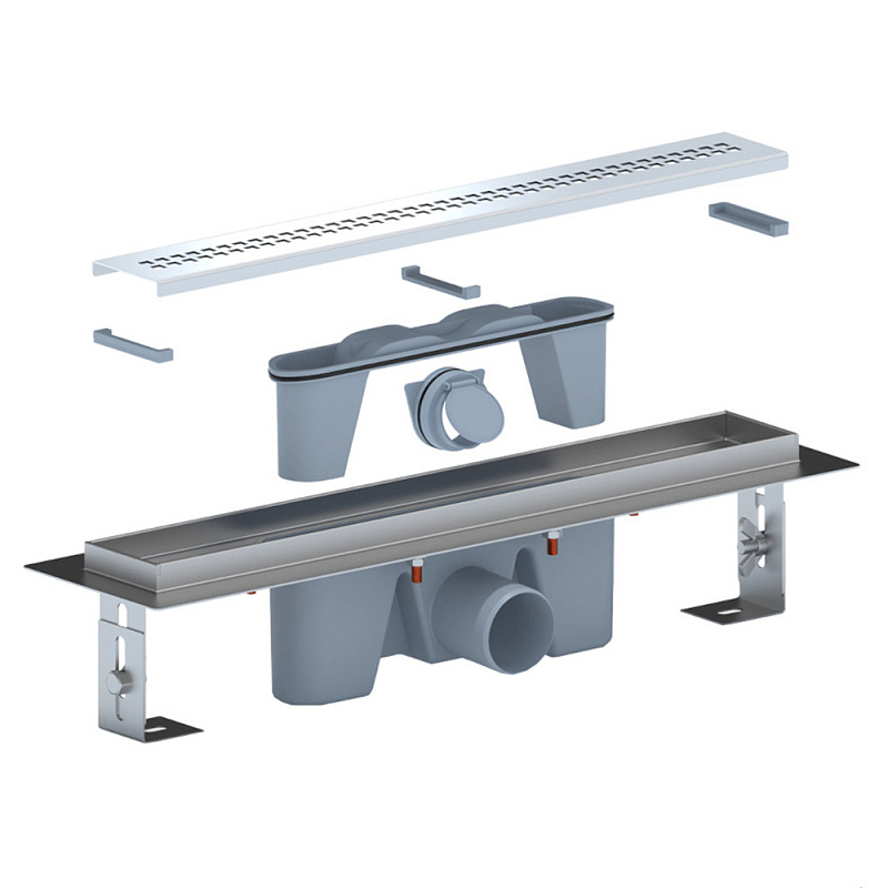 Трап линейный из нержавеющей стали АНИ Пласт TLZ2245G DN50 с комбинированным затвором глянцевой решёткой Риф 450х65 мм