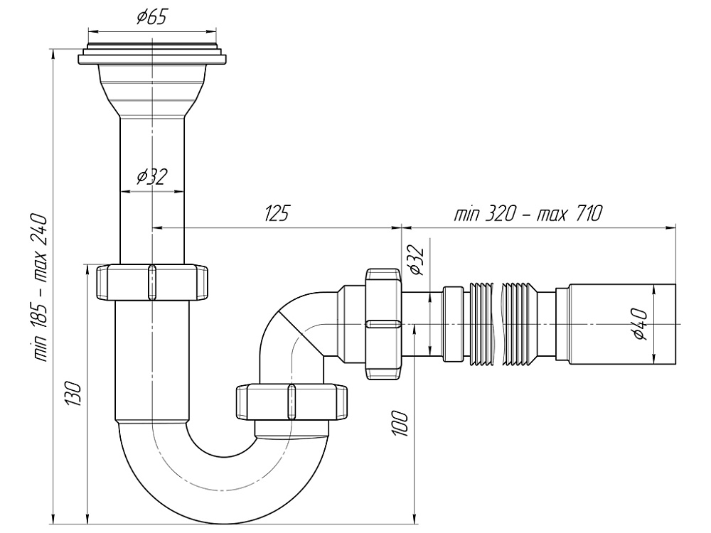 Сифон для раковины АНИ Пласт DB2010 1 1/4 дюйма 32 мм прямоточный с литым выпуском и гибкой трубой 32х40 мм